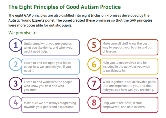A diagram showing the eight inclusion promises for good autism practice
