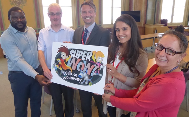 Fipa Nindi, Duncan Haynes and Sarah Jane Edwards-Bonner (right) of Mid-Kent Environmental Health team join Dan Smith (centre) and Miriam Lebrette of St John’s CEP School, Maidstone to launch the county town’s green campaign.