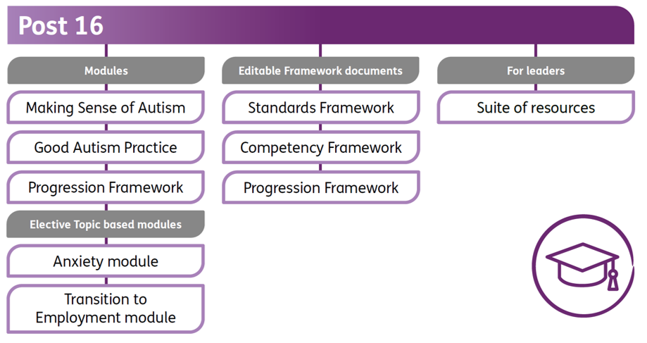 A Diagram showing the Autism Education Trust Training Modules for Post 16 Settings